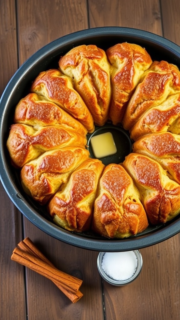 Golden brown monkey bread made from biscuit dough, served on a wooden table with cinnamon sticks.